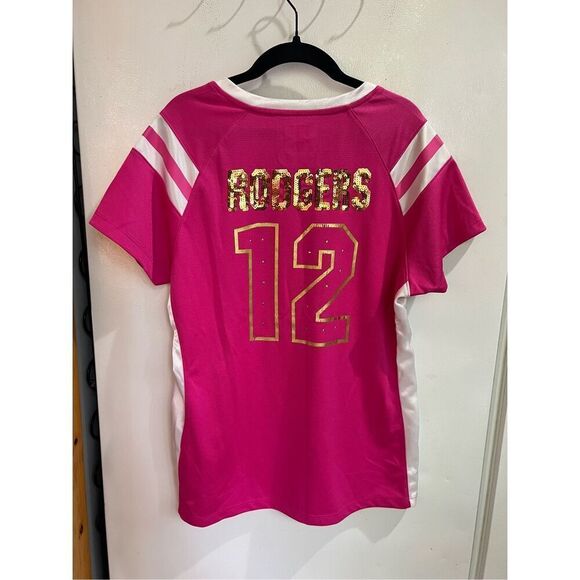 NFL Pink Packers Shirt #12 Rogers Sparkly Woman’s Size Large - Picture 6 of 11